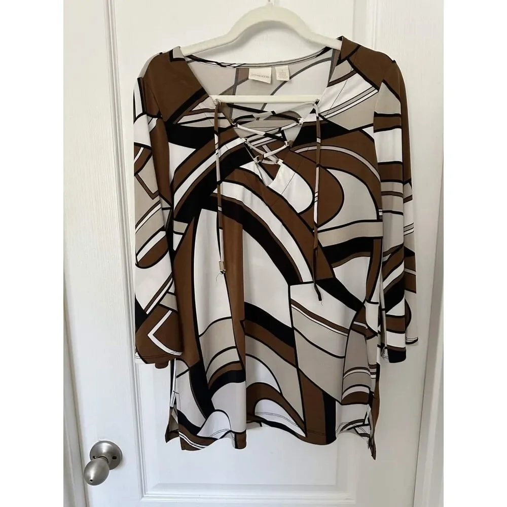 Chico’s Size 1 Abstract Print Lace-Up Brown Black Cream 3/4 Sleeve Stretch Top - Picture 2 of 8